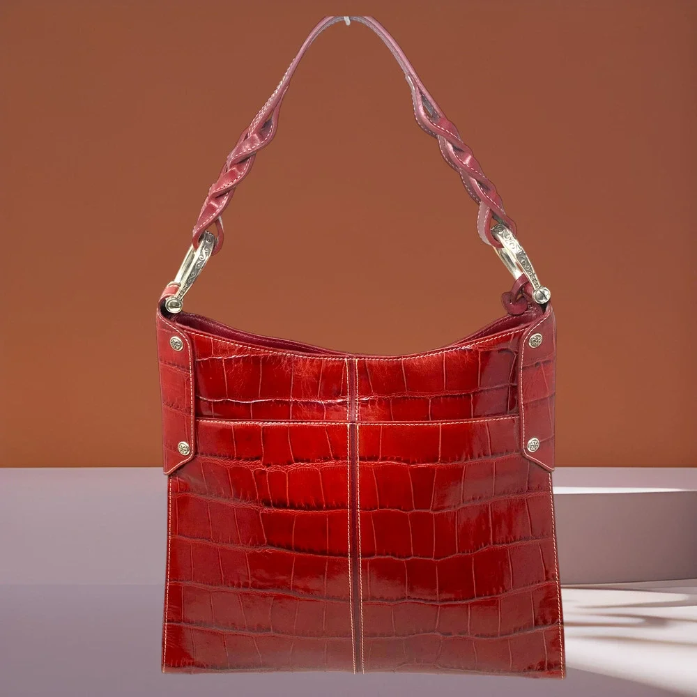 Brighton Muse Red Croc Embossed Patent Leather Shoulder Bag Heart Charm Braided